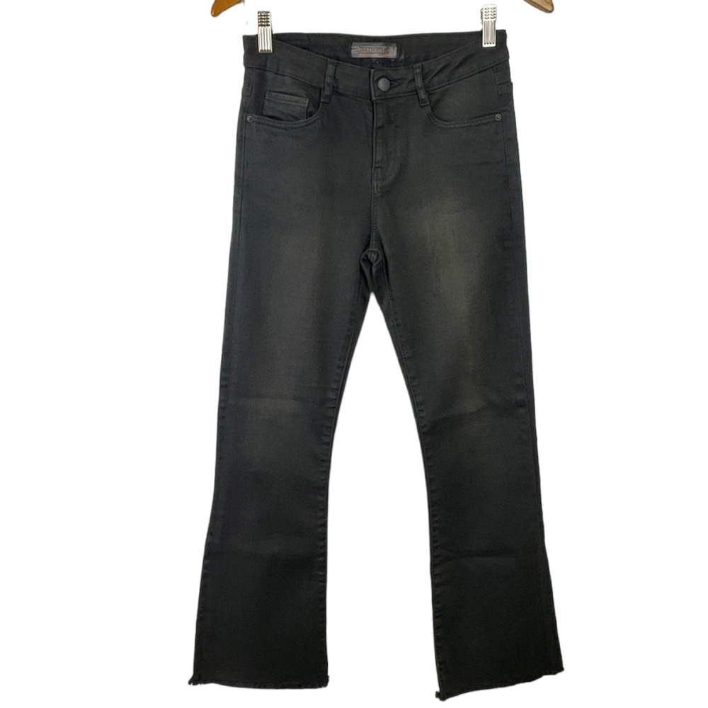ZARA TRAFALUC | RAW HEM STONE WASHED FLARE STRETCH BLACK DENIM JEANS SIZE 4